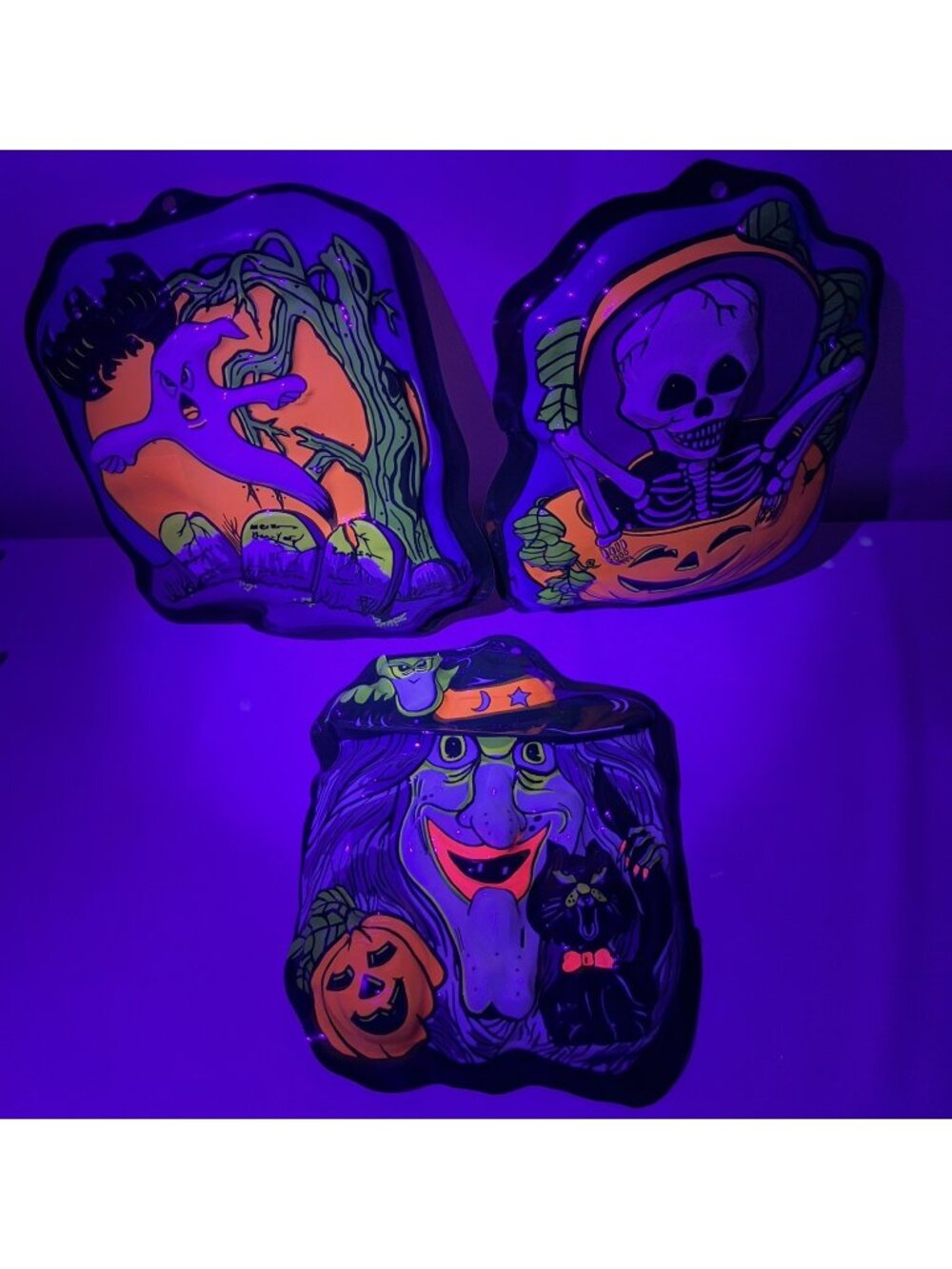 VTG Halloween Skeleton Pumpkin Ghost Witch Plastic Wall Decor GLOWS! Lot Of 3